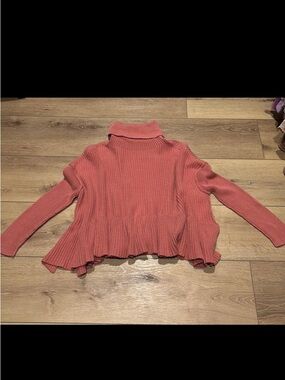 Free People Turtleneck Ruffled Hem Ribbed Sweater - Coral Pink